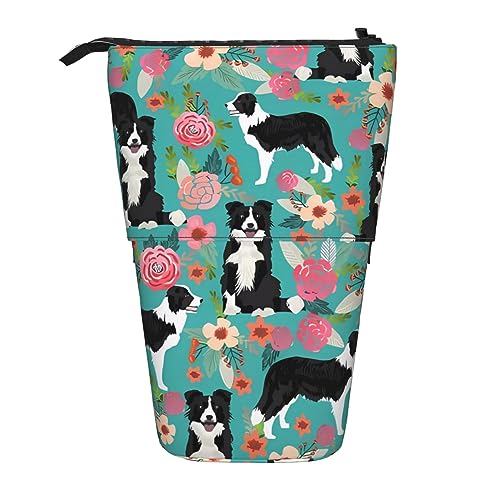 Border Collie Florals Ständer Bleistifthalter Teleskop-Bleistiftetui 2-in-1 Niedliches Federmäppchen Pop-Up Bleistifthalter Schreibwaren Organizer Make-up-Tasche für Studenten und Bürobedarf, Schwarz von BONDIJ