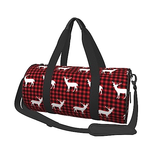 Buffalo Plaid Deer Runde Turnbeutel Große Kapazität Reisetasche Reisetasche Langlebige Runde Reise Sporttaschen, Schwarz , Einheitsgröße von BONDIJ