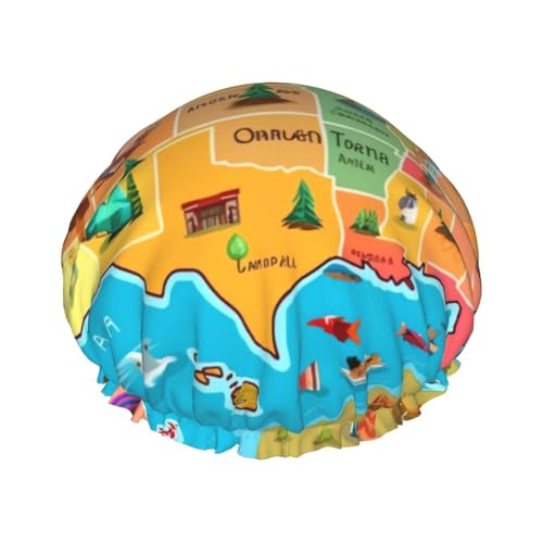 Cartoon American Map Printed Shower Cap for Women Waterproof Bath Caps Reusable Double Layered Shower Hat Bathing Shower Caps for Men Ladies Spa Salon von BONDIJ