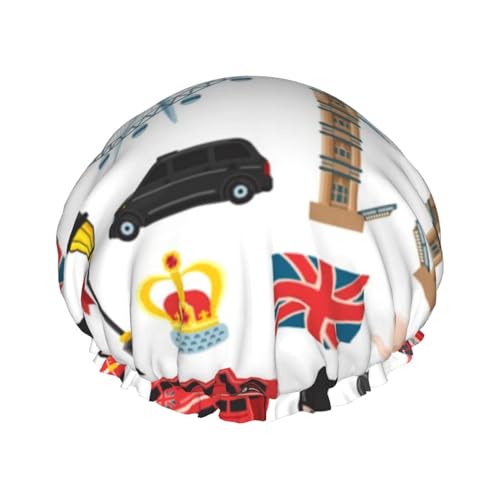 England-Symbole bedruckte Duschhaube für Frauen, wasserdichte Badekappen, wiederverwendbar, doppellagig, Duschhut, Bade-Duschkappen für Männer und Damen, Spa, Salon von BONDIJ