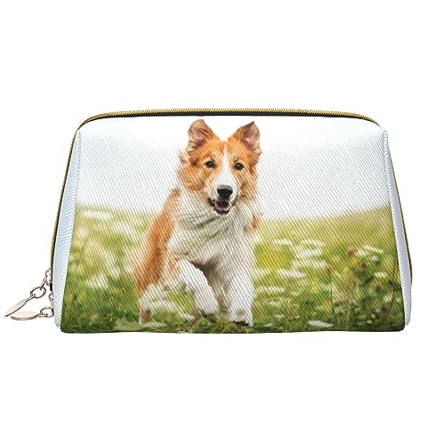 Farbige Doodle Blumen Leder Waschbare Make-up-Tasche für Frauen, Reise-Kosmetiktaschen, Tragbare Reißverschluss Federmäppchen Organizer Beutel, Hund und Blume, Einheitsgröße von BONDIJ