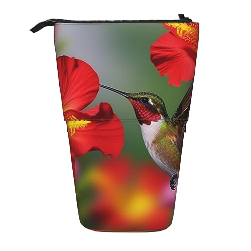 Federmäppchen, niedliches Stehendes Federmäppchen, einziehbare Bleistifthaltertasche, Blume Paris Eiffelturm Schreibwaren Tasche, Kolibri, rote Blume, Hibiskus, Einheitsgröße, Münzbeutel von BONDIJ