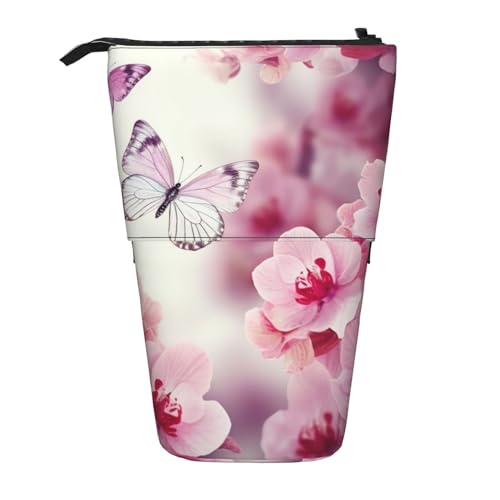 Federmäppchen, niedliches Stehendes Federmäppchen, einziehbarer Stifthalter, Pflanzen-Schreibwaren-Tasche, Rosa Blumen und Schmetterling, Einheitsgröße, Münzbeutel von BONDIJ