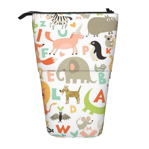 Gelbe Pommersche Druck Bleistift Fall Nette Stehen Bleistift Tasche Einziehbare Bleistift Halter Fall Schreibwaren Tasche, Zoo Alphabet Tier, Einheitsgröße, Münzbeutel von BONDIJ