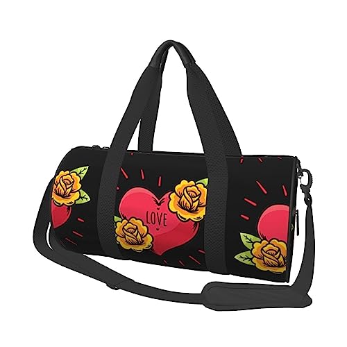 Heart and Flowers Runder Turnbeutel mit großem Fassungsvermögen, Reisetasche für Reisen, strapazierfähig, rund, Sportbeutel, Schwarz , Einheitsgröße von BONDIJ