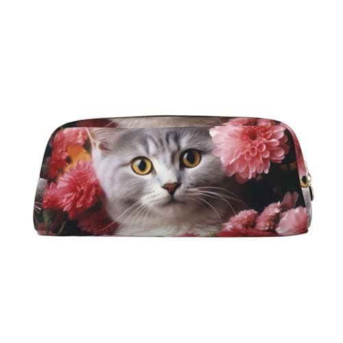 Katze in Blumen Bedrucktes Leder Federmäppchen Tragbare Reise Make-up Tasche Große Kapazität Kulturbeutel Reißverschluss Aufbewahrungstasche für Frauen Mädchen, gold, Einheitsgröße, Taschen-Organizer von BONDIJ