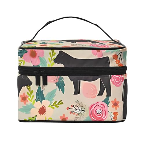 Kosmetiktasche für Damen, Motiv: Kühe und Rinder, Motiv: Rosafarbene Blume, wasserabweisend, faltbar, Kulturbeutel, Lehrergeschenk, Pink Flower Show Steer Cows Cattle1, Einheitsgröße von BONDIJ