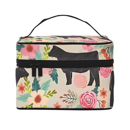 Kosmetiktasche für Damen, Motiv: Kühe und Rinder, Motiv: Rosafarbene Blume, wasserabweisend, faltbar, Kulturbeutel, Lehrergeschenk, Pink Flower Show Steer Cows Cattle2, Einheitsgröße von BONDIJ