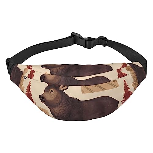 Lodge Bear Hirsch Fisch Bauchtaschen für Damen Herren, leichte, verstellbare Hüfttasche für Reisen, Wandern, Radfahren, Schwarz , Einheitsgröße von BONDIJ