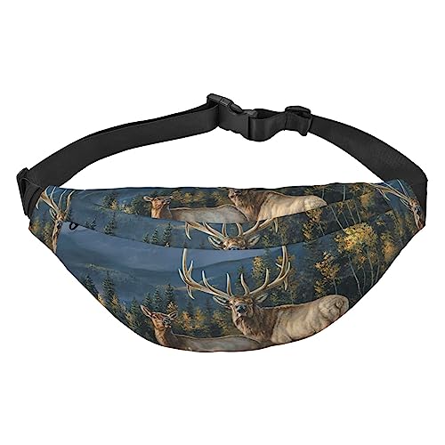 Mountain Elch Animal Fanny Packs for Women Men Lightweight Adjustable Waist Bag for Travel Hiking Cycling, Black, One Size, Schwarz , Einheitsgröße von BONDIJ