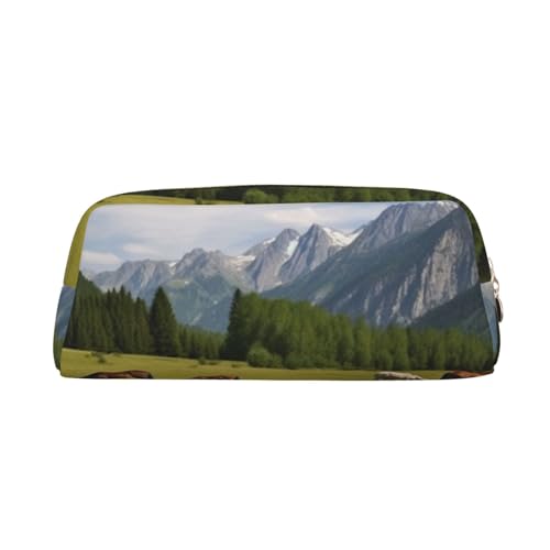 Mountain Pasture Grasende Pferde Bedrucktes Leder Federmäppchen Tragbare Reise Make-up Tasche Große Kapazität Kulturbeutel Reißverschluss Aufbewahrungstasche für Frauen Mädchen, gold, Einheitsgröße, von BONDIJ