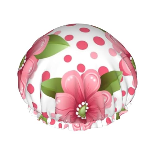 Polka Dot Rosa Blume bedruckte Duschhaube für Frauen wasserdichte Badekappen wiederverwendbar doppellagig Duschhut Baden Duschkappen für Männer Damen Spa Salon von BONDIJ