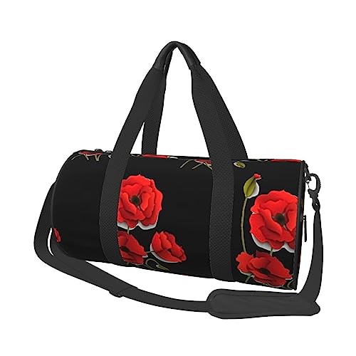 Poppy Flowers Runder Turnbeutel mit großem Fassungsvermögen, Reisetasche für Reisen, strapazierfähig, rund, Sportbeutel, Schwarz , Einheitsgröße von BONDIJ