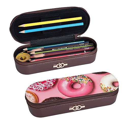 Puerto Rico – Strand-bedrucktes Leder-Federmäppchen, großes Fassungsvermögen, niedliches Federmäppchen, Kosmetik-Organizer-Tasche mit Reißverschluss, Rosa Donut, Einheitsgröße von BONDIJ