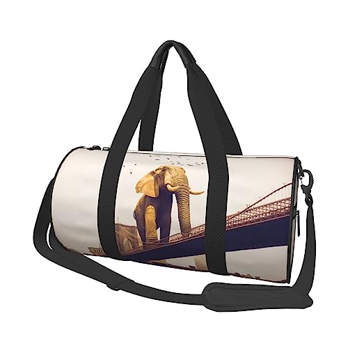 Runde Turnbeutel, Große Kapazität Reise Duffle Bag, Durable Elefant Auf Einer Brücke Runde Reise Sport Taschen, Schwarz , Einheitsgröße von BONDIJ