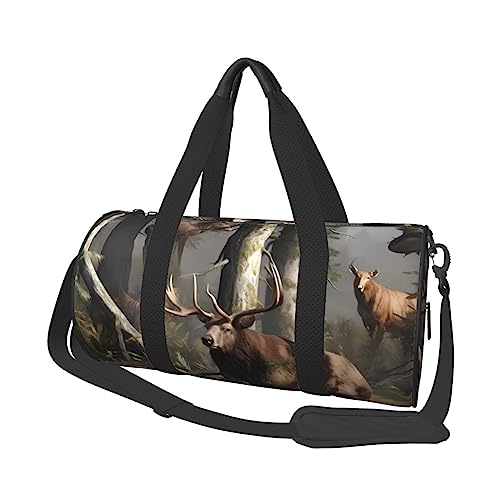 Runde Turnbeutel, Große Kapazität Reise Duffle Bag, Durable Jagd Hirsch Bär Elch Runde Reise Sport Taschen, Schwarz , Einheitsgröße von BONDIJ