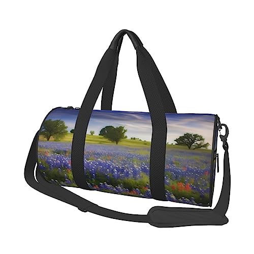 Runde Turnbeutel, Große Kapazität Reise Duffle Bag, Durable Texas Bluebonnets Landschaft Runde Reise Sport Taschen, Schwarz , Einheitsgröße von BONDIJ