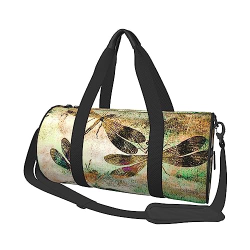 Runde Turnbeutel, Große Kapazität Reise Duffle Bag, Langlebige Libelle Libellen Vintage Runde Reise Sport Taschen, Schwarz , Einheitsgröße von BONDIJ