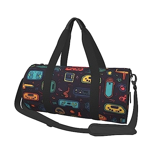 Runde Turnbeutel, große Kapazität Reise Duffle Bag, Durable Spiel Video Gaming Muster Runde Reise Sport Taschen, Schwarz , Einheitsgröße von BONDIJ