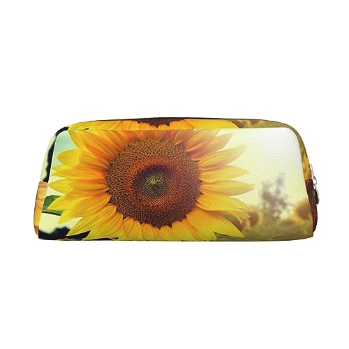 Schönes Federmäppchen aus Leder mit Sonnenblumen-Motiv, tragbar, Reise-Make-up-Tasche, große Kapazität, Kulturbeutel, Reißverschluss, Aufbewahrungstasche für Frauen und Mädchen, gold, Einheitsgröße, von BONDIJ