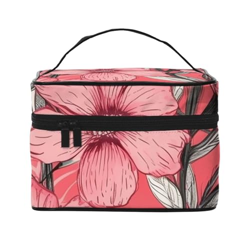 Sea Beach Seestern Reise Make-up Tasche für Frauen, wasserabweisende Kosmetiktasche, faltbar, Kulturbeutel, Lehrergeschenke, Zeichnen Sie rosa Blumen, Einheitsgröße von BONDIJ