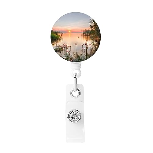 Seeblick mit Blumen Blätter Badge Reels Retractable Badge Holder with Keychain ID Badge Reels Badge Clip ID Card Holders for Doctor Nurse Office Staff von BONDIJ