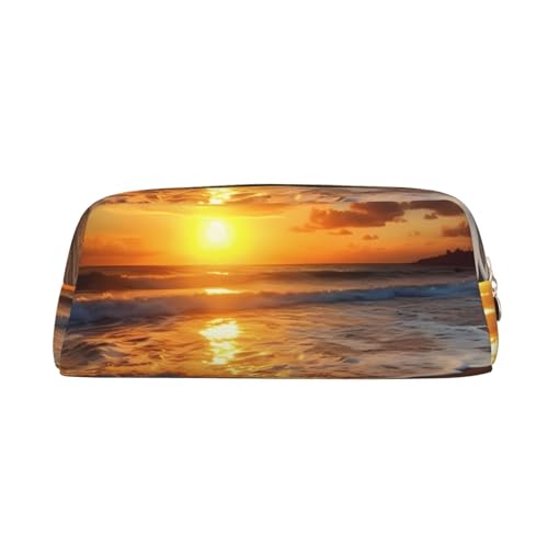 Sunset Beach Printed Leather Pencil Case Portable Travel Makeup Bag Large Capacity Toiletry Bag Zipper Storage Bag for Women Girls, gold, Einheitsgröße, Taschen-Organizer von BONDIJ