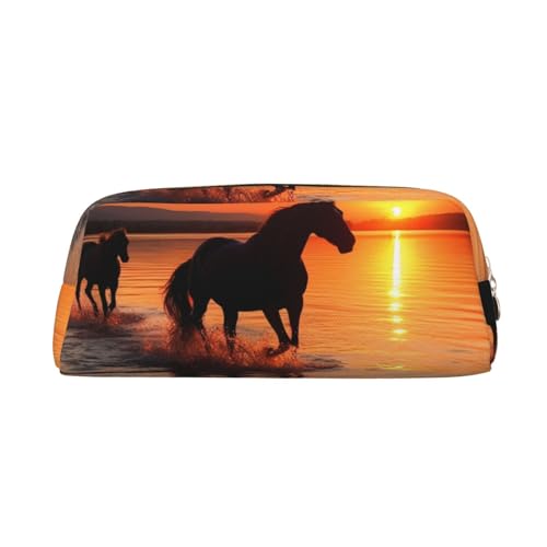 Sunsets Lake Horses Printed Leather Pencil Case Portable Travel Makeup Bag Large Capacity Toiletry Bag Zipper Storage Bag for Women Girls, gold, Einheitsgröße, Taschen-Organizer von BONDIJ