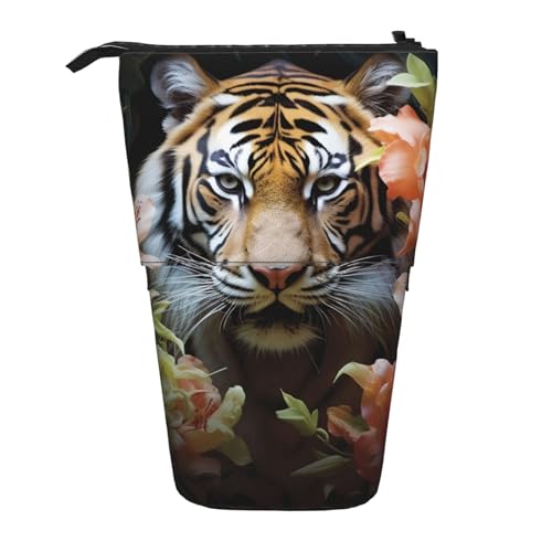 Teleskop-Federmäppchen, Tiger, Stand-Up-Bleistifttasche, tragbar, Pop-Up-Bleistifthalter, Make-up-Tasche für Urlaubsgeschenk, Tiger und Blumen, Einheitsgröße von BONDIJ