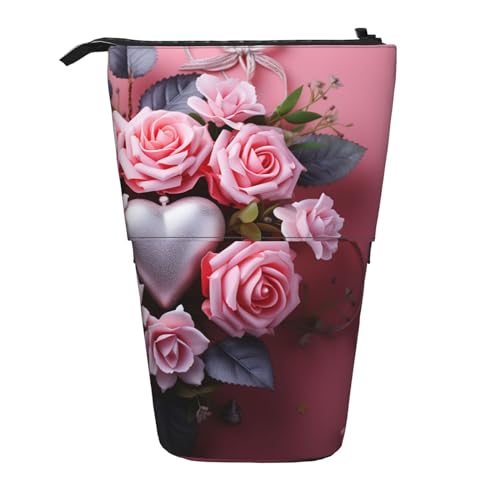 Teleskop-Federmäppchen, Wasserpflanzen, Stand-Bleistifttasche, tragbares Federmäppchen, Pop-Up-Bleistifthalter, Make-up-Tasche für Urlaubsgeschenk, Rosa Herzen und Rosen, Einheitsgröße von BONDIJ