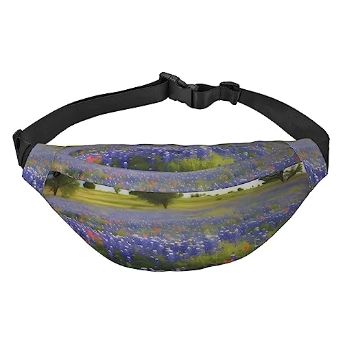 Texas Bluebonnets Landschaft Bauchtaschen für Damen und Herren, leichte, verstellbare Hüfttasche für Reisen, Wandern, Radfahren, Schwarz , Einheitsgröße von BONDIJ