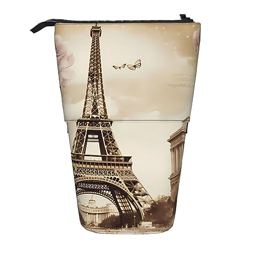 Vintage Paris Eiffelturm Schmetterling Ständer Bleistifthalter Teleskop-Bleistifteetui 2-in-1 Niedliches Federmäppchen Pop-Up Bleistifthalter Schreibwaren Organizer Make-up-Tasche für Studenten und von BONDIJ