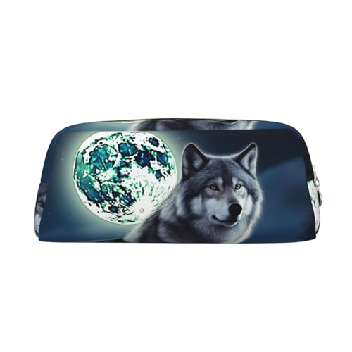 Wolf Under Moon Bedrucktes Leder Federmäppchen Tragbare Reise Make-up Tasche Große Kapazität Kulturbeutel Reißverschluss Aufbewahrungstasche für Frauen Mädchen, gold, Einheitsgröße, Taschen-Organizer von BONDIJ