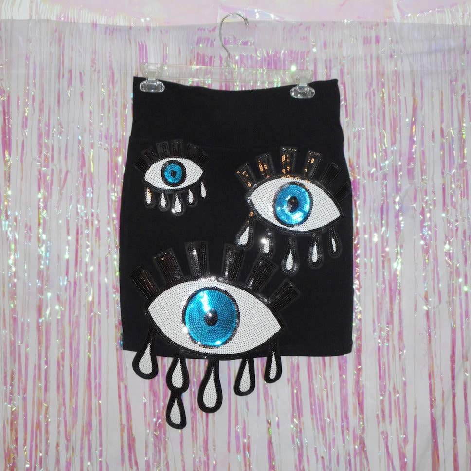 Black Eyes On You Sequin Evil Eye Applique Skirt Made To Order Size Extra Small, Medium, Large, Large Black Eyes On You Sequin Evil Eye Applique Skirt Made To Order Size Extra Small, Medium, Large, Large von BONESCOUTURE