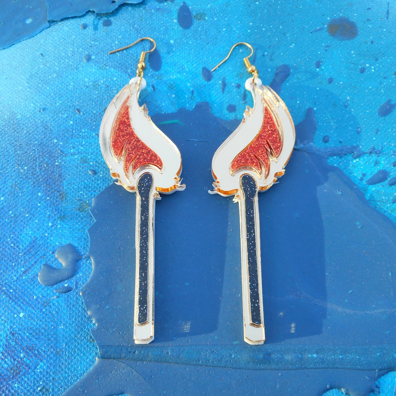 Colorful Glitter Lit Match, Matchstick, Flame Acrylic Earrings With Gold Tone Earring Posts Or Hooks, Plastic Jewelry Colorful Glitter Lit Match, Matchstick, Flame Acrylic Earrings With Gold Tone Earring Posts Or Hooks, Plastic Jewelry von BONESCOUTURE