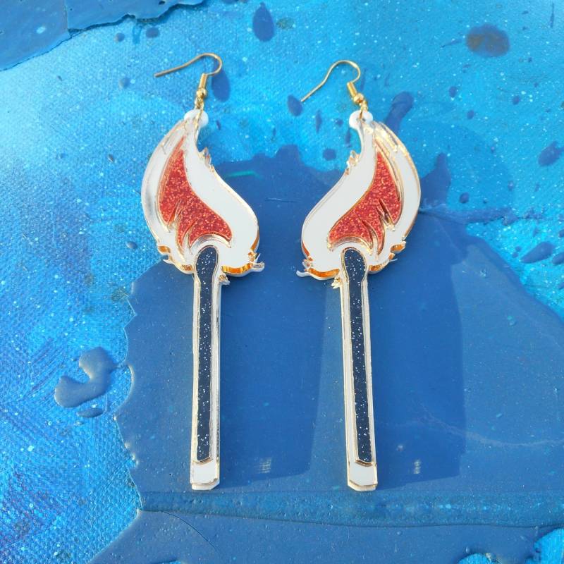 Colorful Glitter Lit Match, Matchstick, Flame Acrylic Earrings With Gold Tone Earring Posts Or Hooks, Plastic Jewelry von BONESCOUTURE