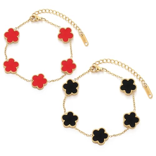 2 Stück Armband Mit Fünfblättrigem 18k Gold Plattiertes Vierblättriges Kleeblatt Armbands Verstellbar Kleeblatt Zweiseitig Armbänder Modische Freundschaft Armband- Glücksschmuck (Schwarz + Rot) von BONGSHAKALAKA