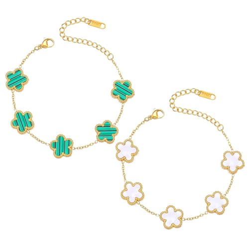 2 Stück Armband Mit Fünfblättrigem 18k Gold Plattiertes Vierblättriges Kleeblatt Armbands Verstellbar Kleeblatt Zweiseitig Armbänder Modische Freundschaft Armband- Glücksschmuck (Weiß + Grün) von BONGSHAKALAKA