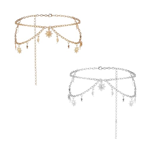 2 Stück Metall Strass Taille Kette Gürtel Kettengürtel Silber Mond Stern Taillenkette Aus Metall Boho Bauch Kette Kettengürtel Damen Verzierter Metallgliedergürtel Dünne Bundkette Für Kleider Jeans von BONGSHAKALAKA