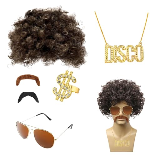 6er Hippie Peruecke Set 70er Jahre Outfit Herren Hippie Kostüm Accessoires Mit Sonnenbrille Schnurrbart Halskette Ring Vokuhila Perücke Herren Für Fasching Karneval Oder Auf Festivals Thema Party von BONGSHAKALAKA