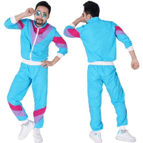 BONHHC Kostüm 80er Jahre, 90er Jahre Outfit Herren Damen, Trainingsanzug Disco, Retro Style Jogginganzug para Karneval Bad Taste Party Faschingskostüme(Blau XL von BONHHC