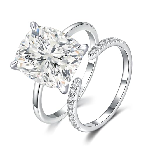 BONLAVIE 3CT Kissen-Schnitt Zirkonia Verlobungsring Set für Damen Weißgold-plattiert Verstellbar Halb Ewigkeitsring CZ Eheringe simulierter Diamantring Größe 60 (19.1) von BONLAVIE