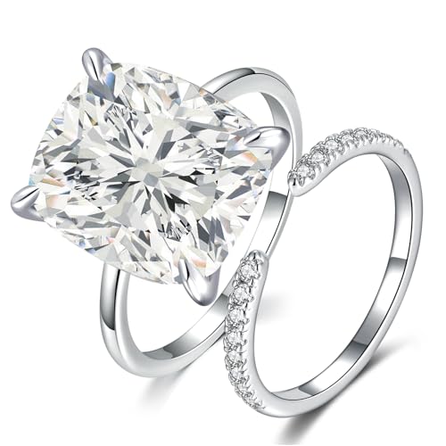 BONLAVIE 5CT Kissen-Schnitt Zirkonia Verlobungsring Set für Damen Weißgold-plattiert Verstellbar Halb Ewigkeitsring CZ Eheringe simulierter Diamantring Größe 60 (19.1) von BONLAVIE