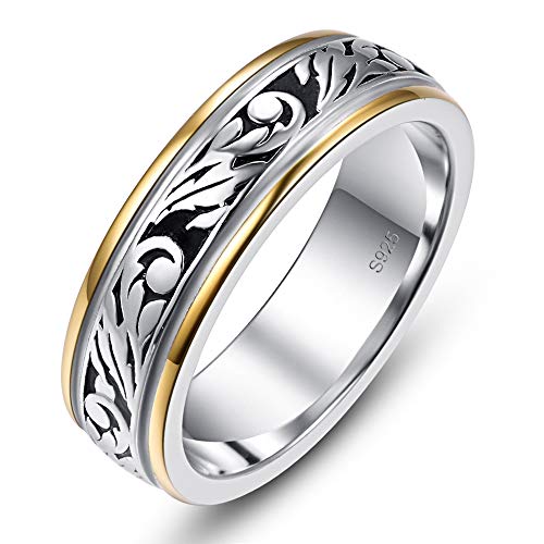 BONLAVIE 925 Sterling Silber Hochzeit Band Ring für Männer Frauen Unisex Vintage Floral Vine, Silber Gold Zwei Töne (60(19.1)) von BONLAVIE