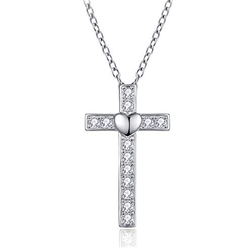 BONLAVIE 925 Sterling Silber Liebesherz Kreuz Anhänger Kette mit kubischem Zirkonia für Frauen Mädchen Baby Kinder - Kettenlänge: 45 cm von BONLAVIE