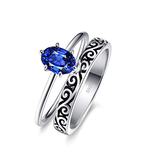 BONLAVIE 925 Sterling Silber Vintage geschnitzt Verlobungsring-Sets für Frauen erstellt blauen Saphir Ewigkeit Eheringe Größe 54.4(17.3) von BONLAVIE