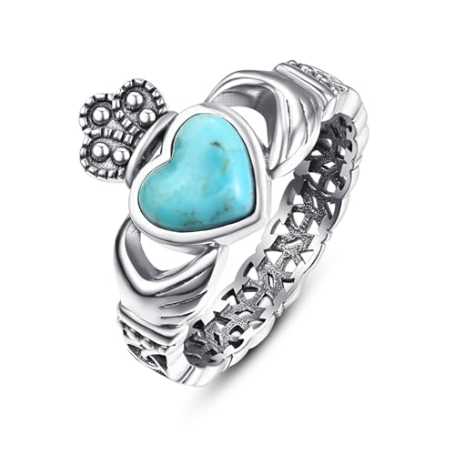 BONLAVIE Claddagh Türkis Ring, Irisch Keltischer Knoten Ring, Herz Blaues Türkis Ring, Silberringe Damen 925, Ringe Frauen von BONLAVIE