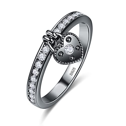 BONLAVIE Damen 925 Sterling Silber Einfarbig Ewige Liebe Schwarz Herzschloss Charm Ring mit 5A Zirkonia, Hypoallergen, für Freundin und Frauen Größe 54 von BONLAVIE