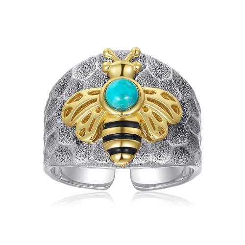 BONLAVIE Gehämmerter Statement Ring Silber 925, Verstellbare Bienenringe für Frauen, Blaues Türkiser Bienenring, Silberring 925 Damen von BONLAVIE