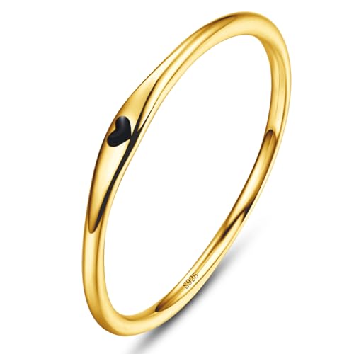 BONLAVIE Goldring 925 Sterling Silber Ringe für Frauen mit Schwarzem Emaille Einfaches Herzdesign Eheringe Goldplattierte Stapelring Dünner Versprechen Ring für Sie 57 (18.1) von BONLAVIE